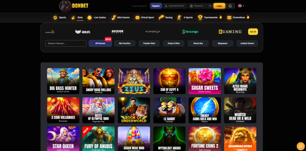 DonBet casino and sportsbook interface with crypto and card payment options visible