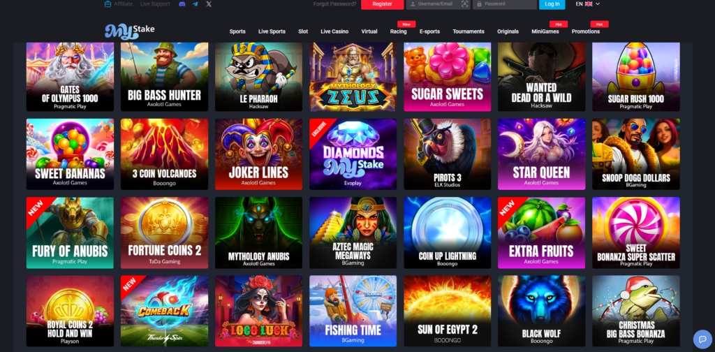 MyStake casino platform showing casino, live dealer, sports and crash game sections