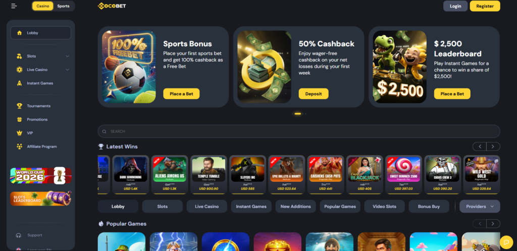 CocoBet casino lobby showing cryptocurrency deposit options and game selection