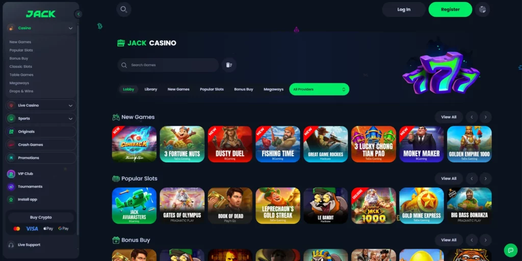 JACK casino homepage showing sportsbook and crypto casino options